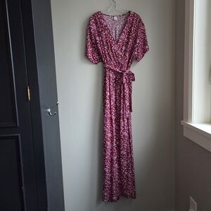 Twik NWOT Pink Burgundy Floral Wrap Maxi Short Sleeve Tie Waist Dress Simons S